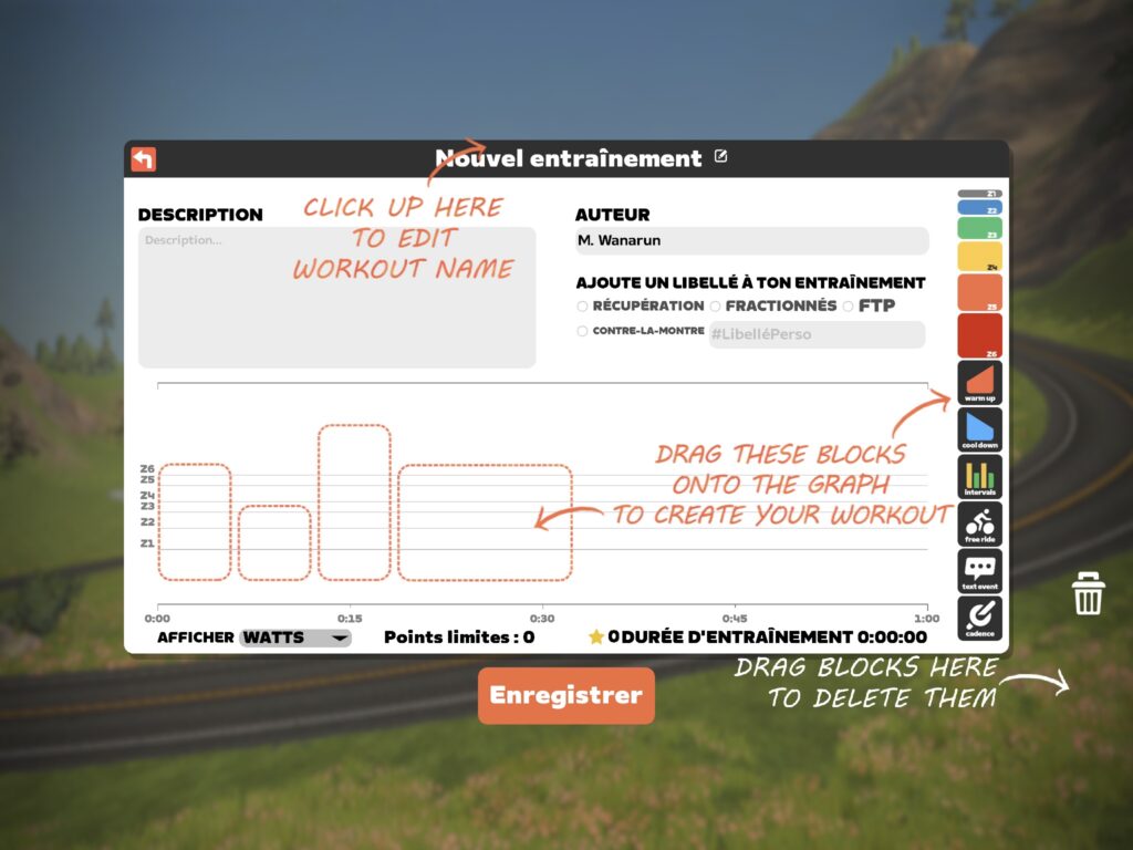 aide pour créer un entrainement sur Zwift